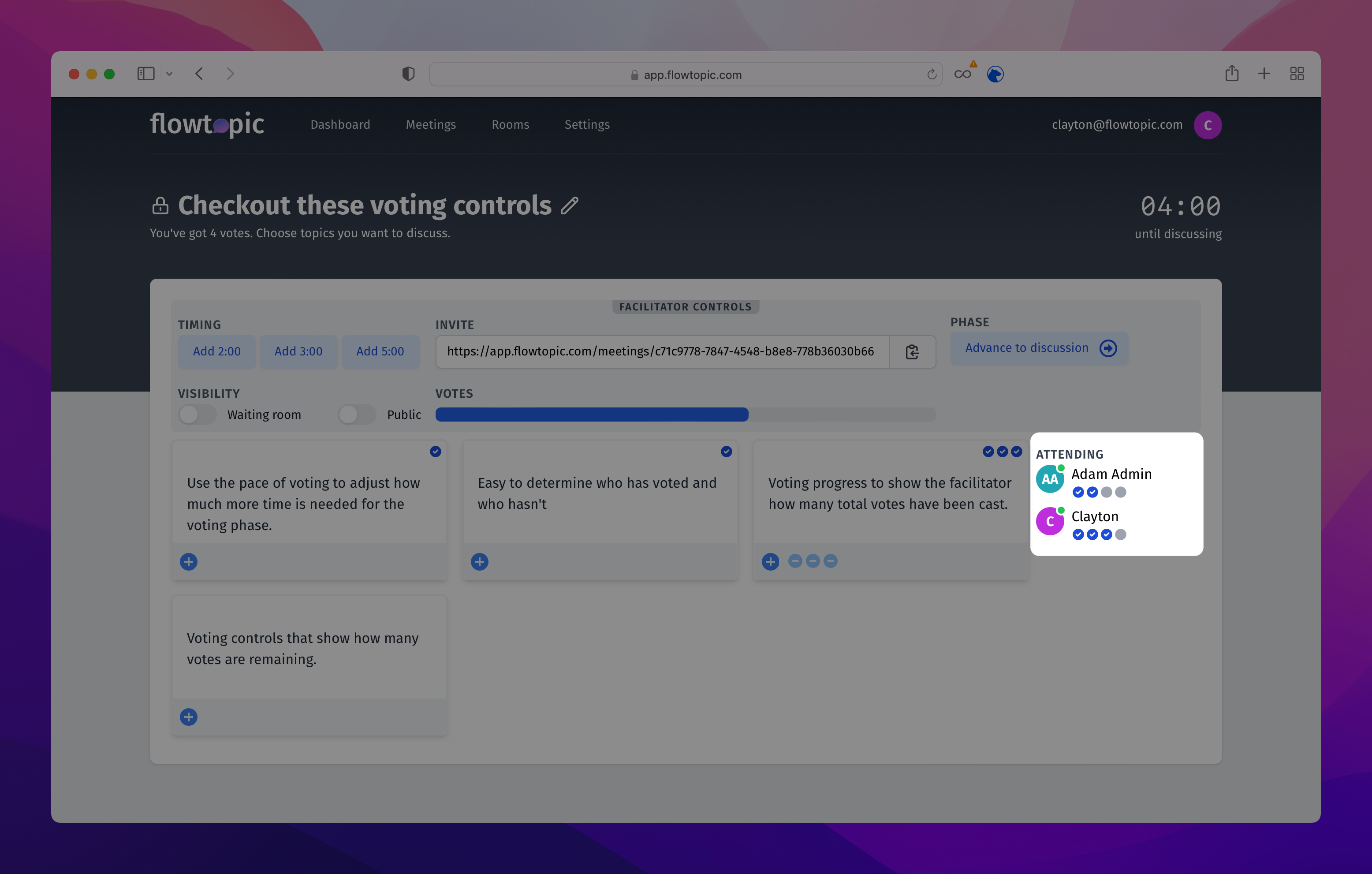 A flowtopic meeting highlighting a meeting participant and their votes