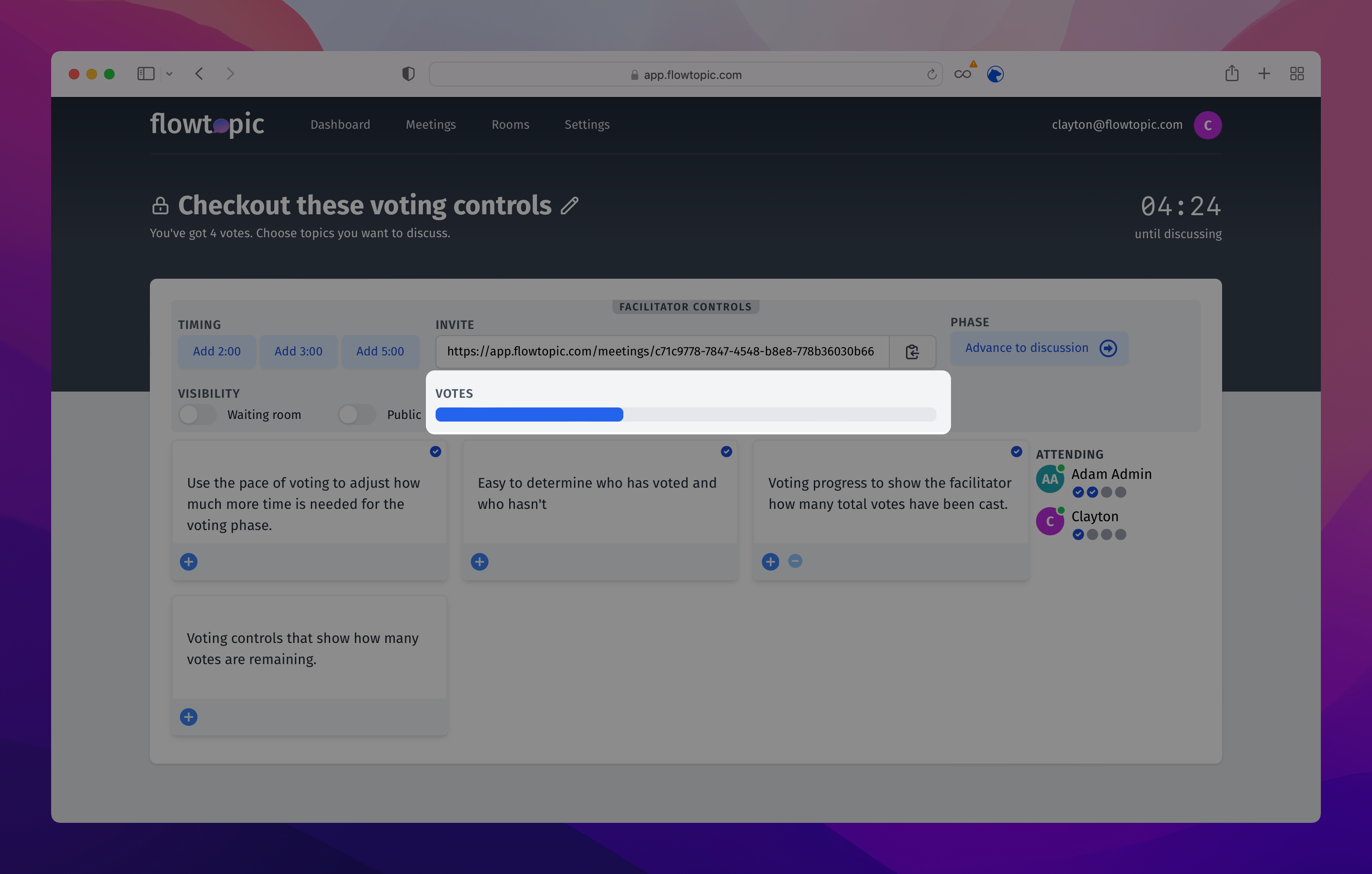 A flowtopic meeting highlighting total votes cast in the facilitator controls